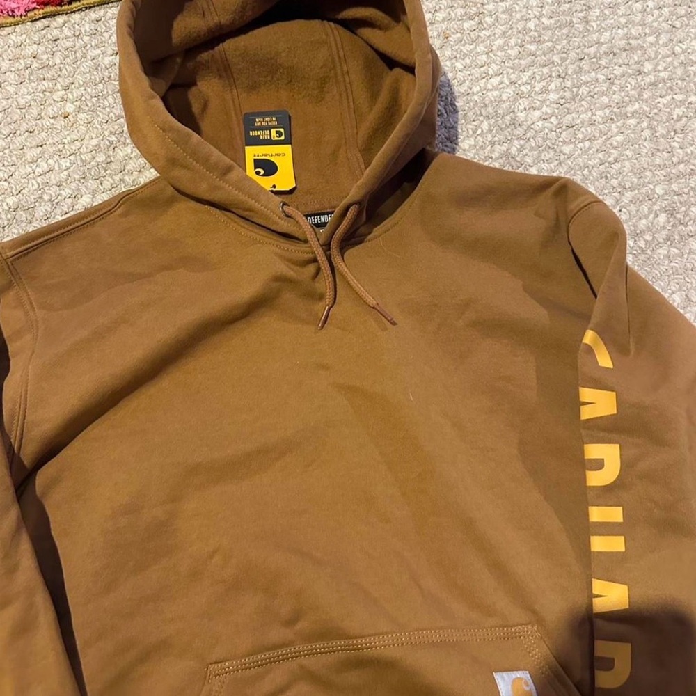 Carhartt Brown Pullover Hoodie with Yellow Sleeve Logo - Picture 4 of 4